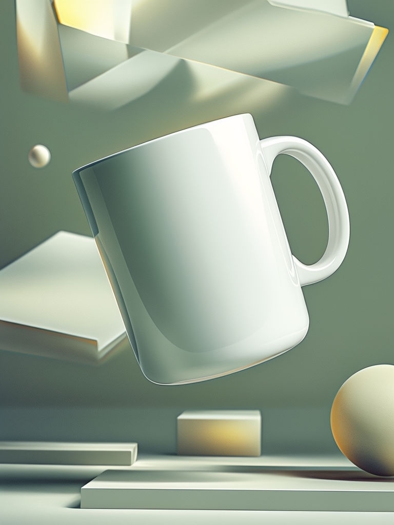 Photorealistic Floating White Ceramic Coffee Mug Mockup