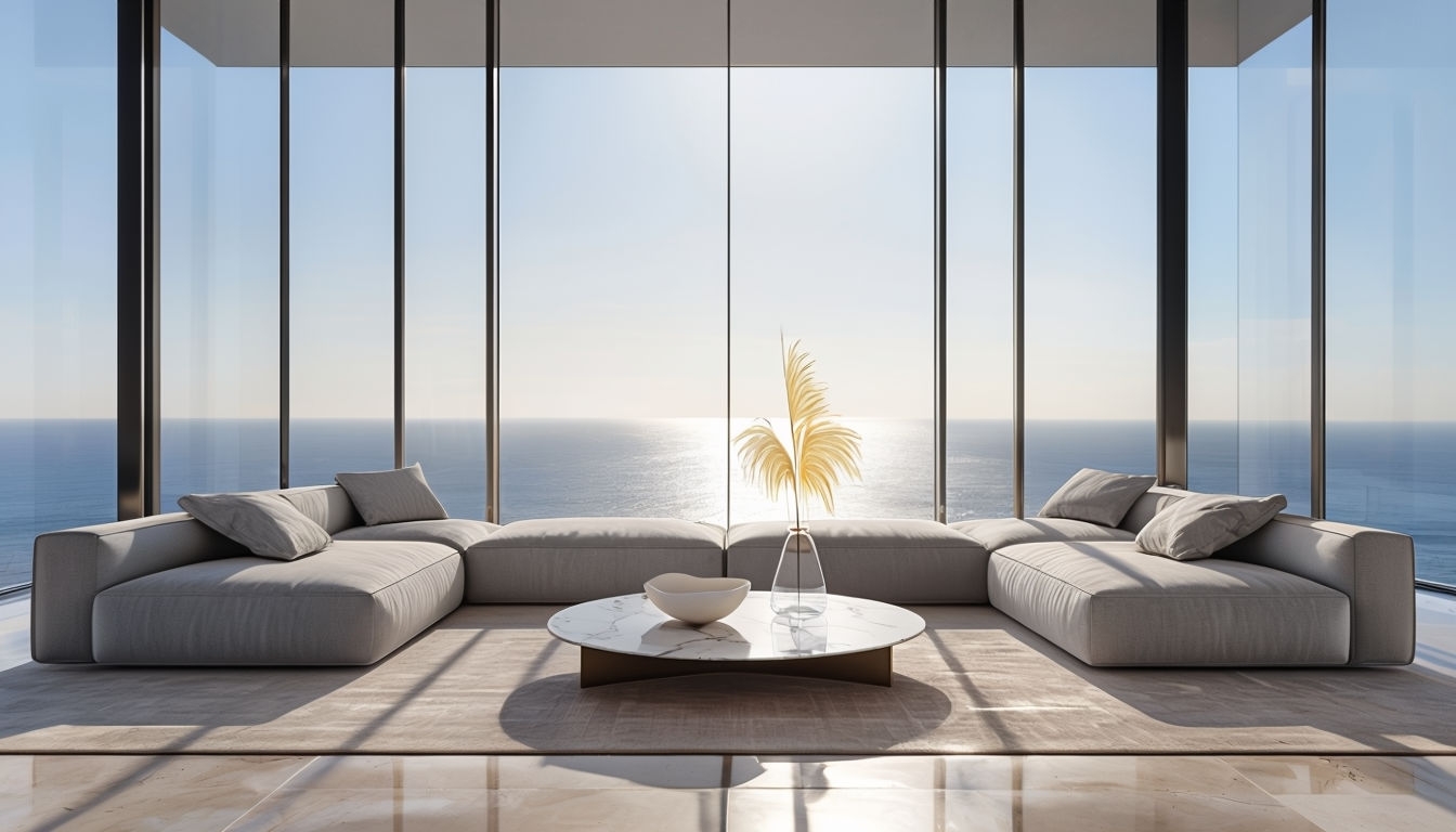 Modern Luxury Living Room with Ocean View Virtual Background