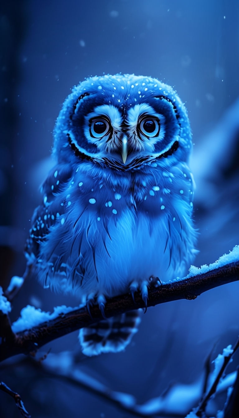 Vibrant Azure Blue Owl Perched on Snowy Branch Mobile Wallpaper