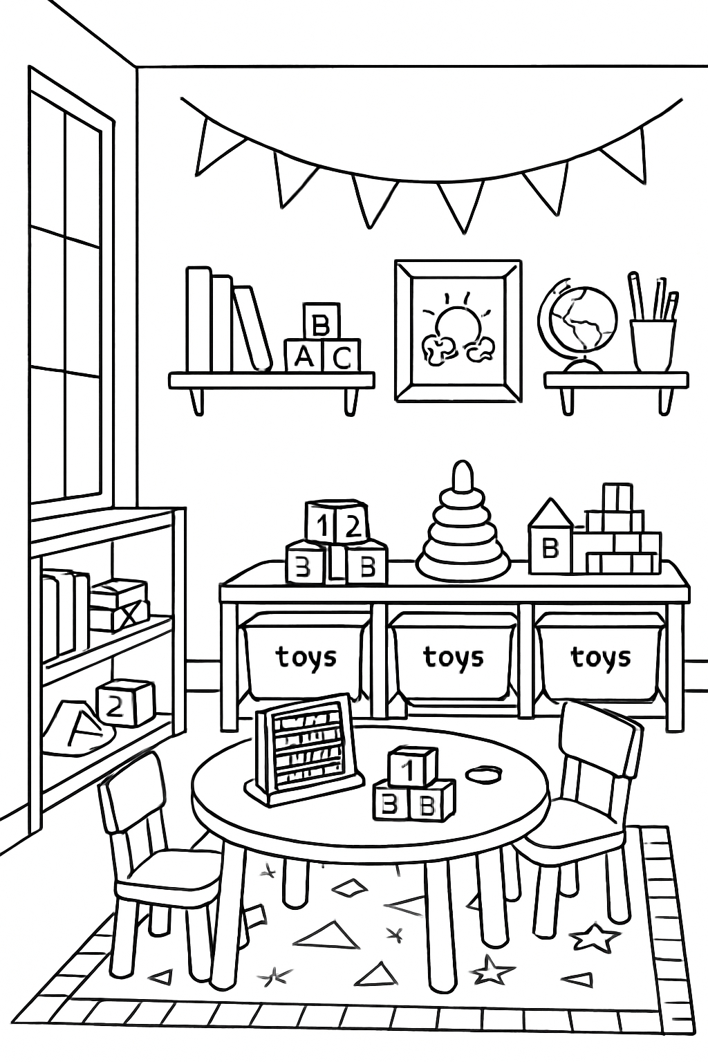 Kid-Friendly Playroom Line Drawing for Creative Coloring Book Pages