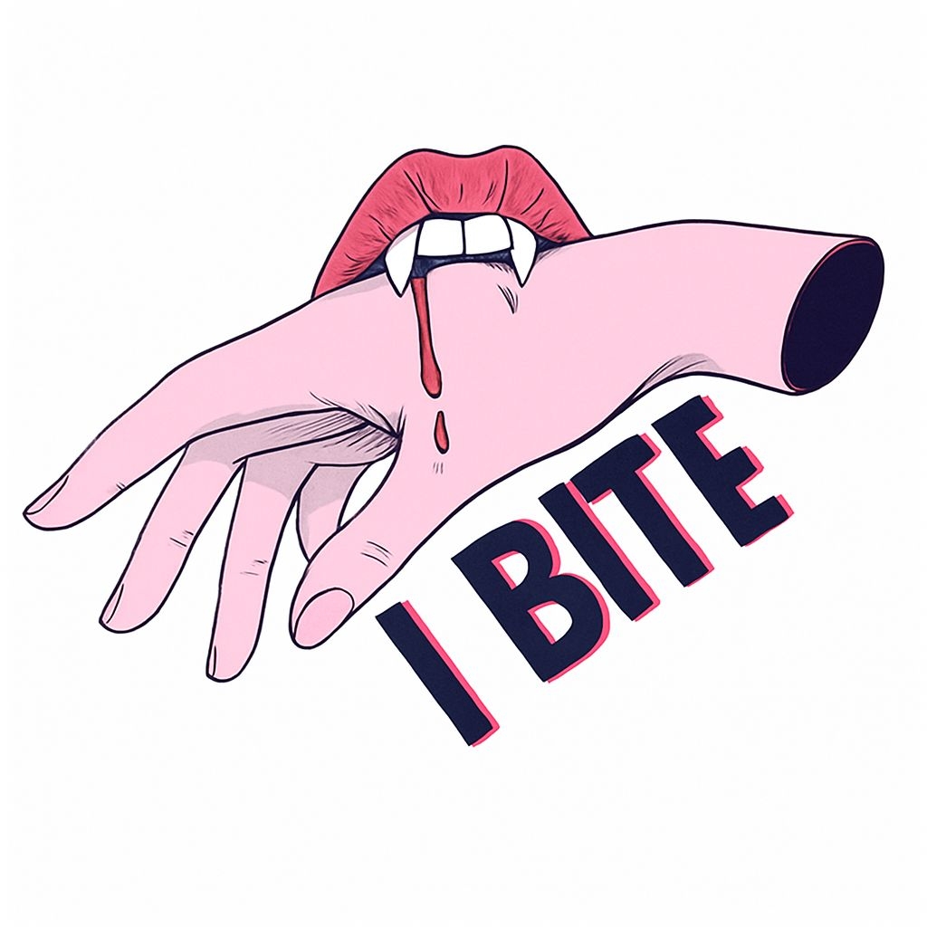 I Bite Pink Vampire Hand and Lips Comic Style Sticker