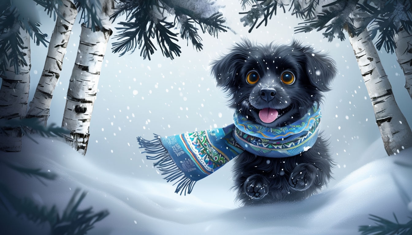 Playful Black Dog in Snowy Winter Wonderland Art