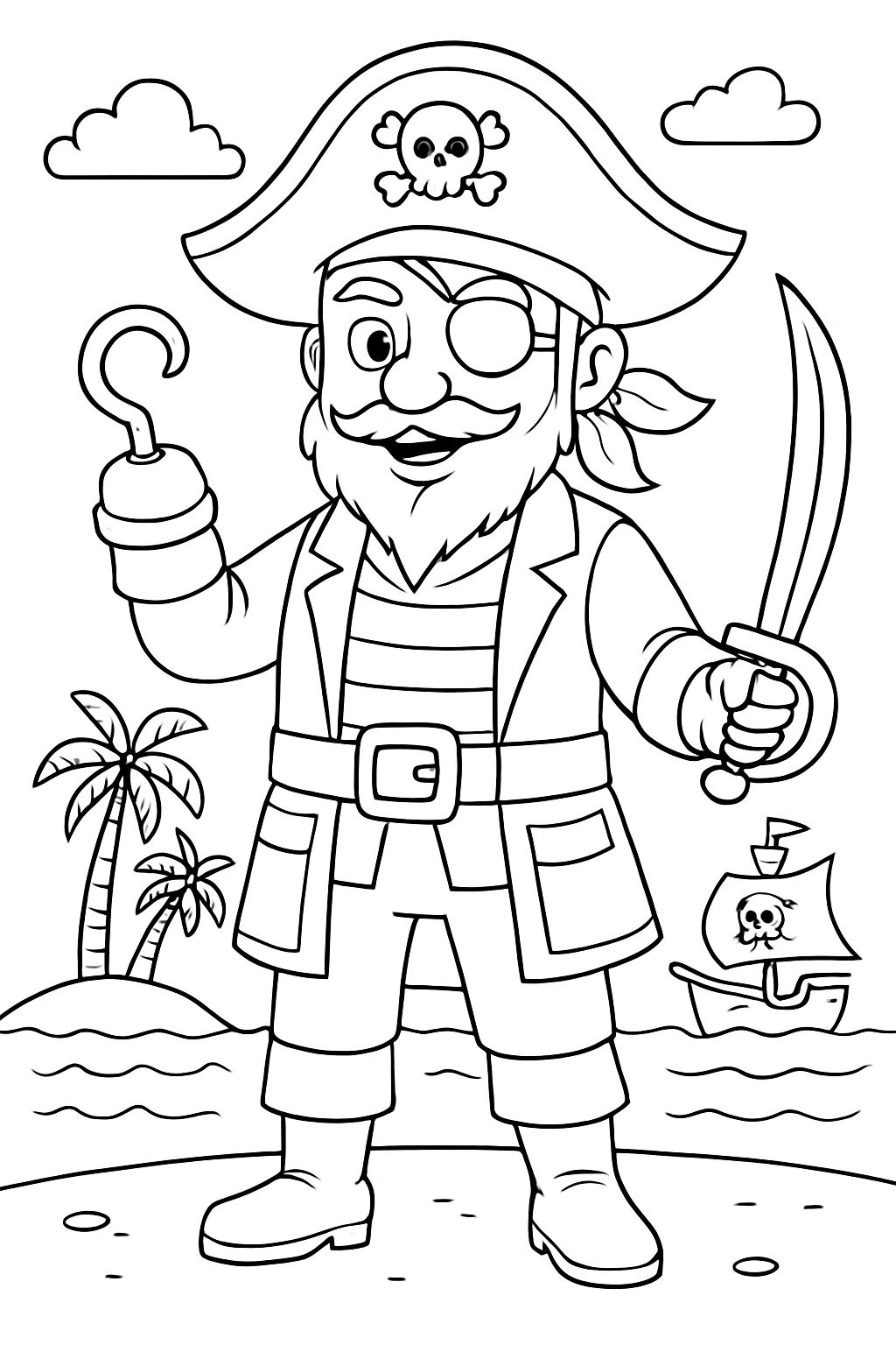 Cartoon Pirate Adventure on Tropical Beach Coloring Page