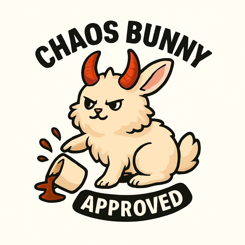 Mischievous Chaos Bunny with Horns and Coffee Spill Sticker
