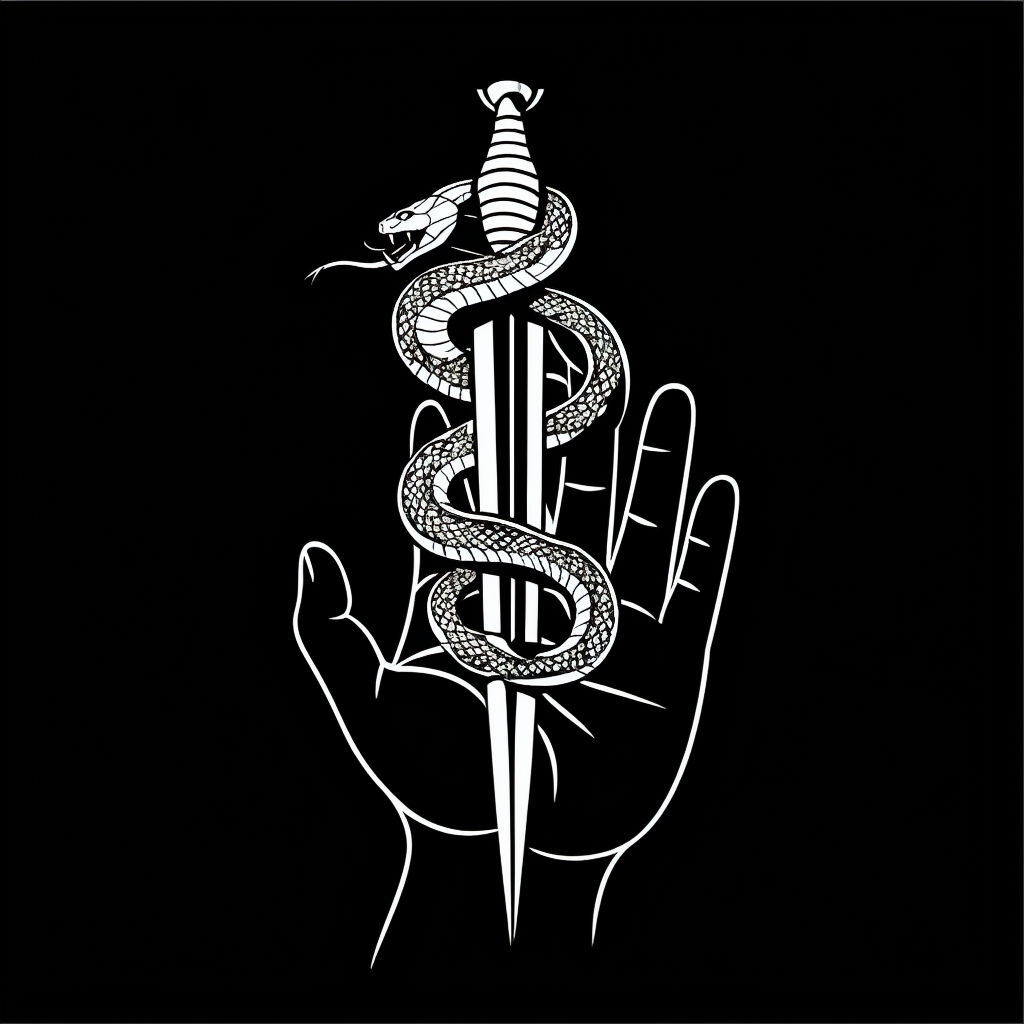 Black and White Minimalist Hand with Dagger and Snake T-shirt