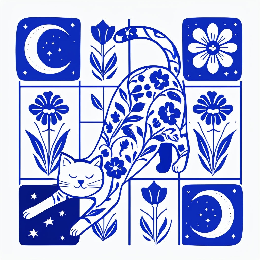 Whimsical Blue Floral Cat Azulejo Tile Illustration Pattern