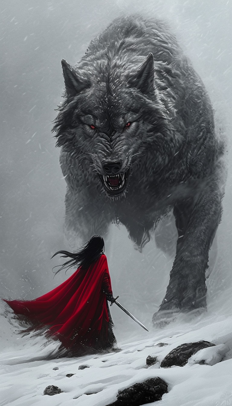 Tense Confrontation Between Human and Wolf Creature Art