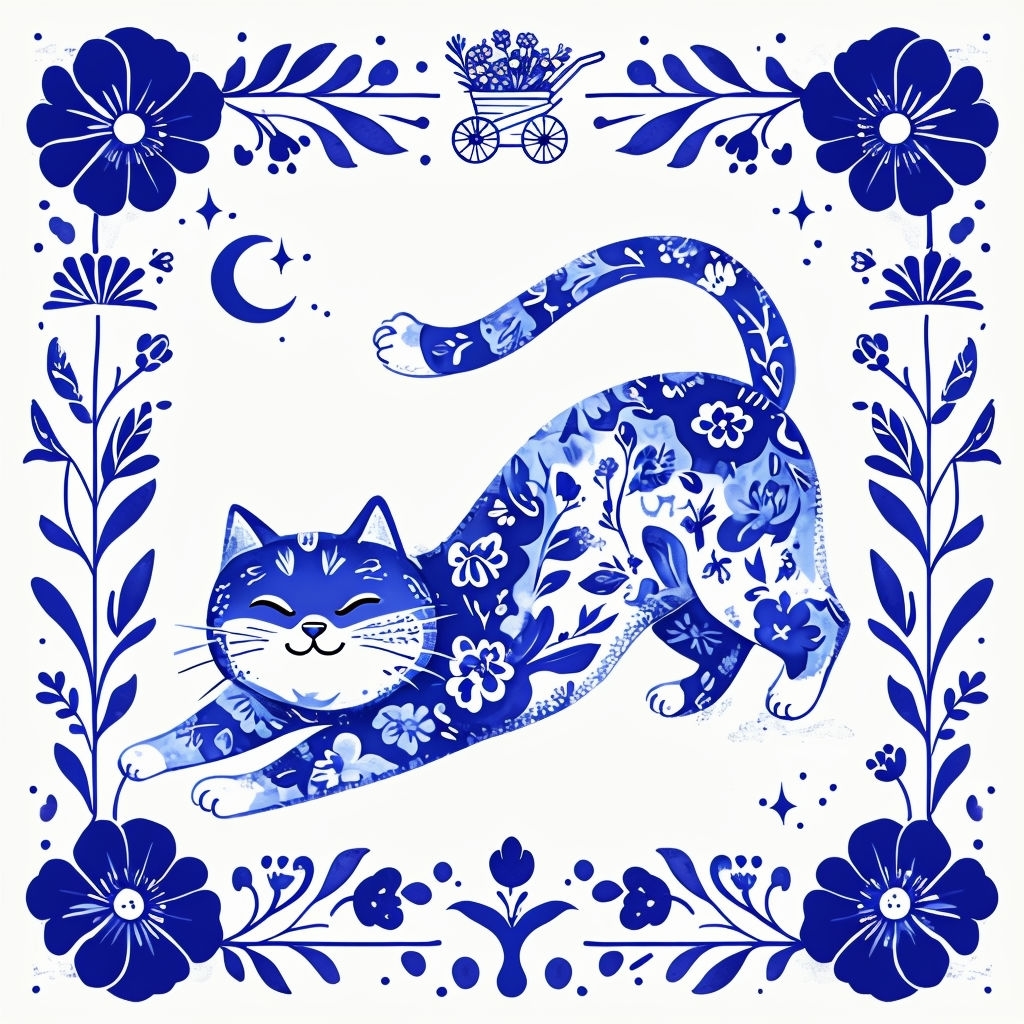 Whimsical Blue and White Cat Pattern with Floral Accents Seamless Pattern