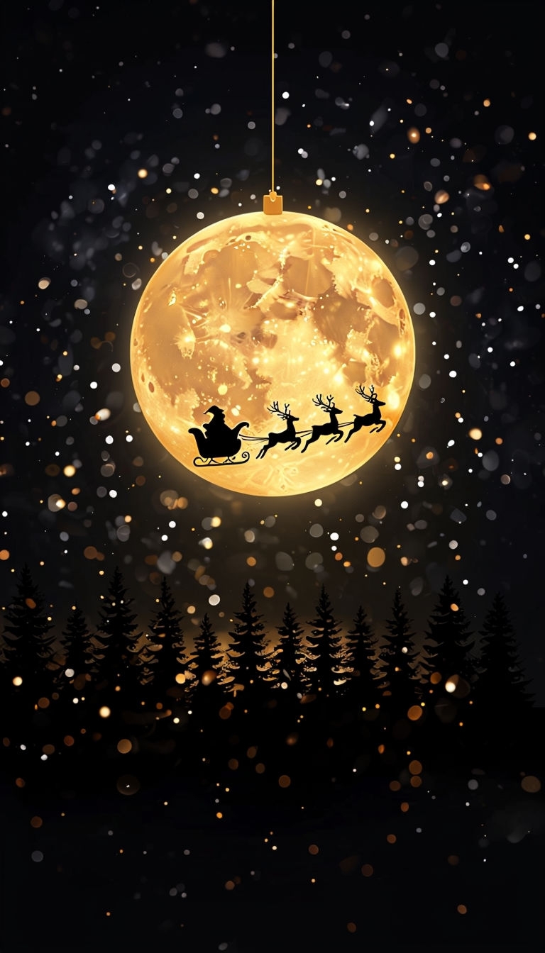 Golden Full Moon with Santa Sleigh Night Sky Illustration Mobile Wallpaper