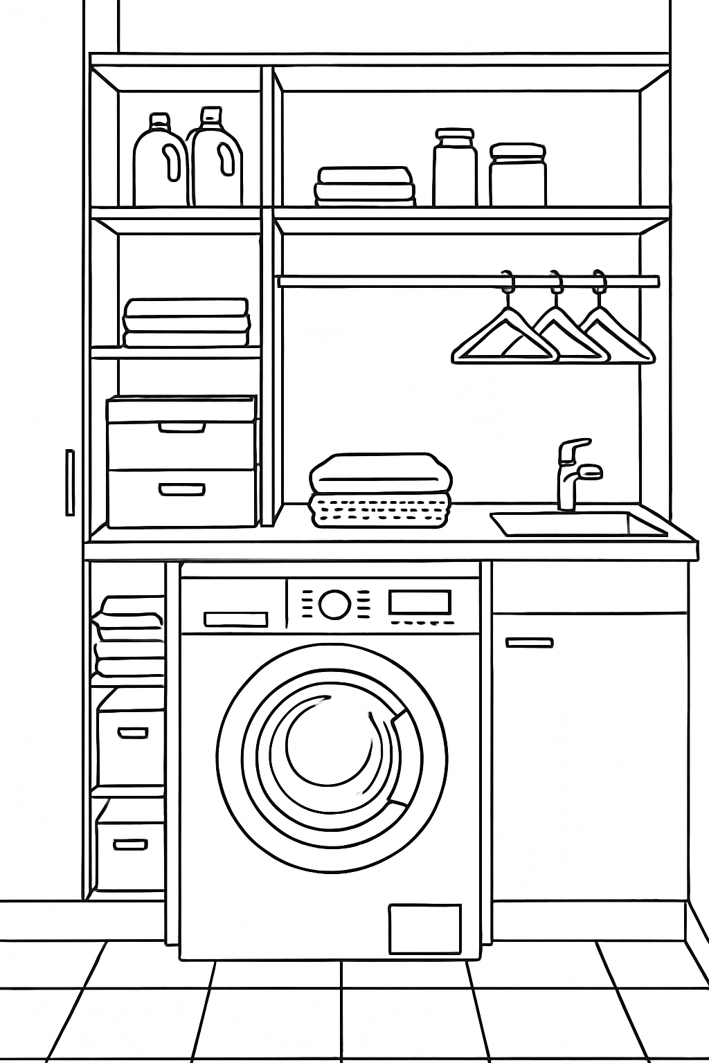 Organized Laundry Room Line Drawing for Coloring Book Pages