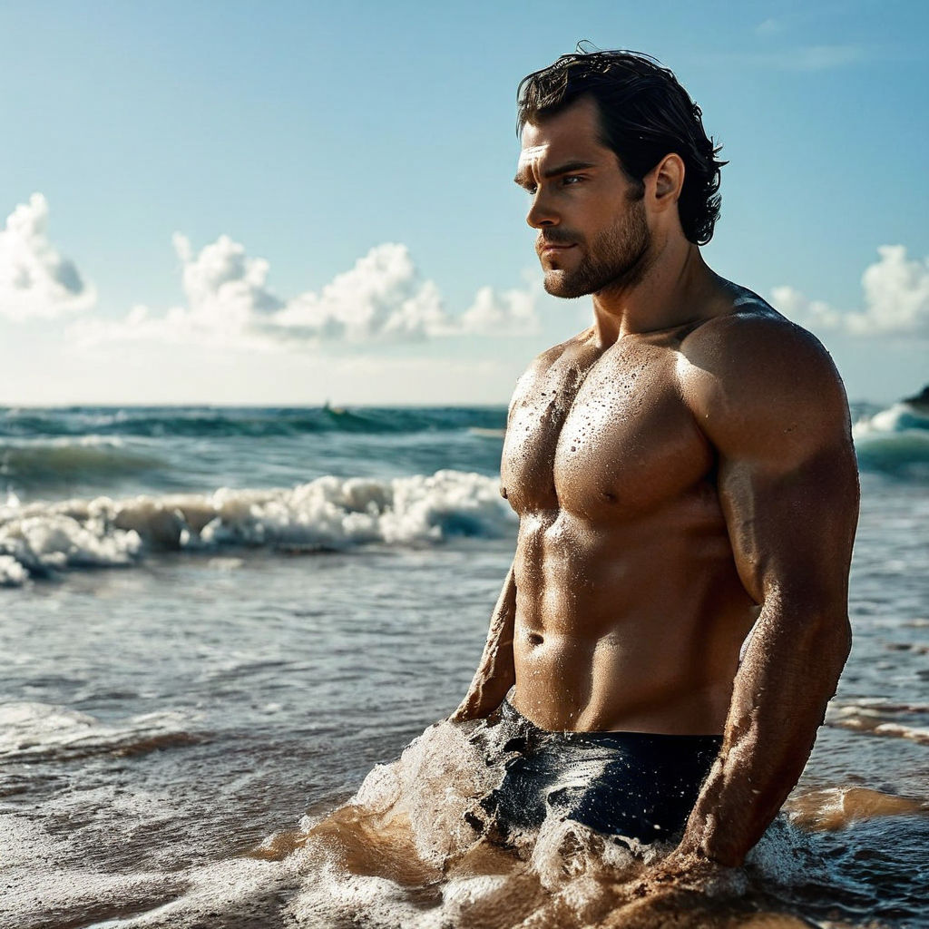 Henry Cavill sticking out his tongue for a stream of yellow liquid