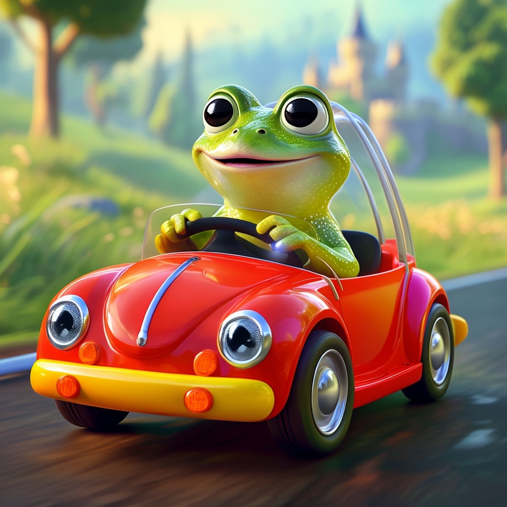 Cheerful Green Frog Driving Red Toy Car in 3D Animation Art