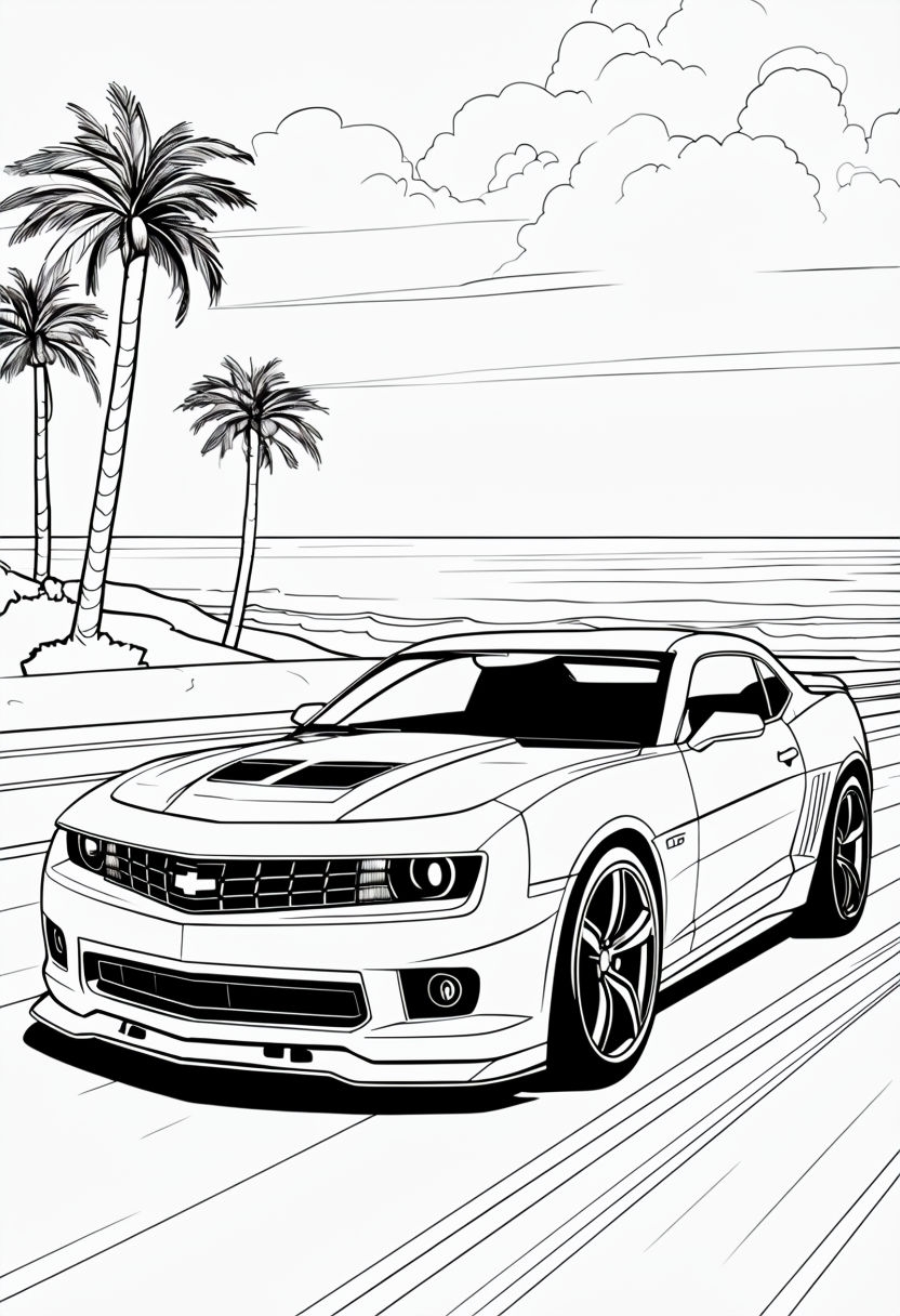 Sleek Black and White Sports Car Line Drawing with Tropical Background Coloring Book Page