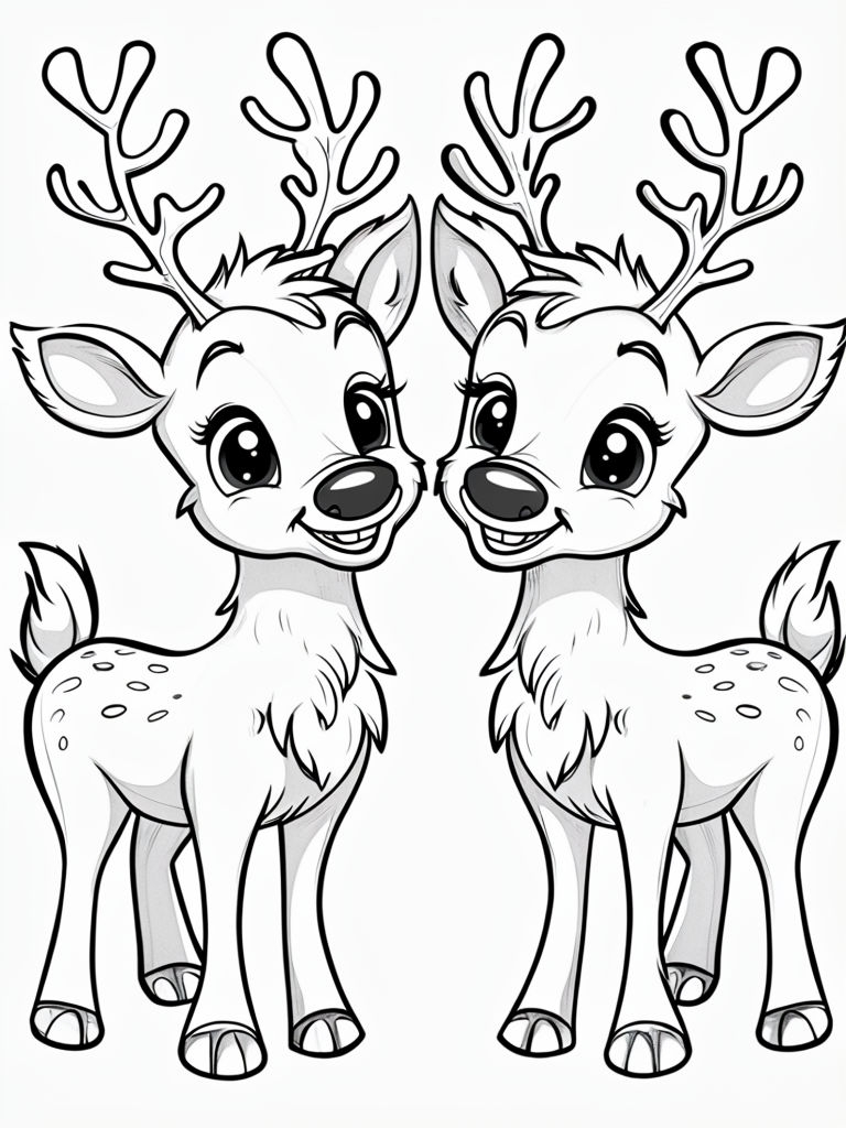 Whimsical Cartoon Reindeer Friends Line Drawing for Coloring Book Pages