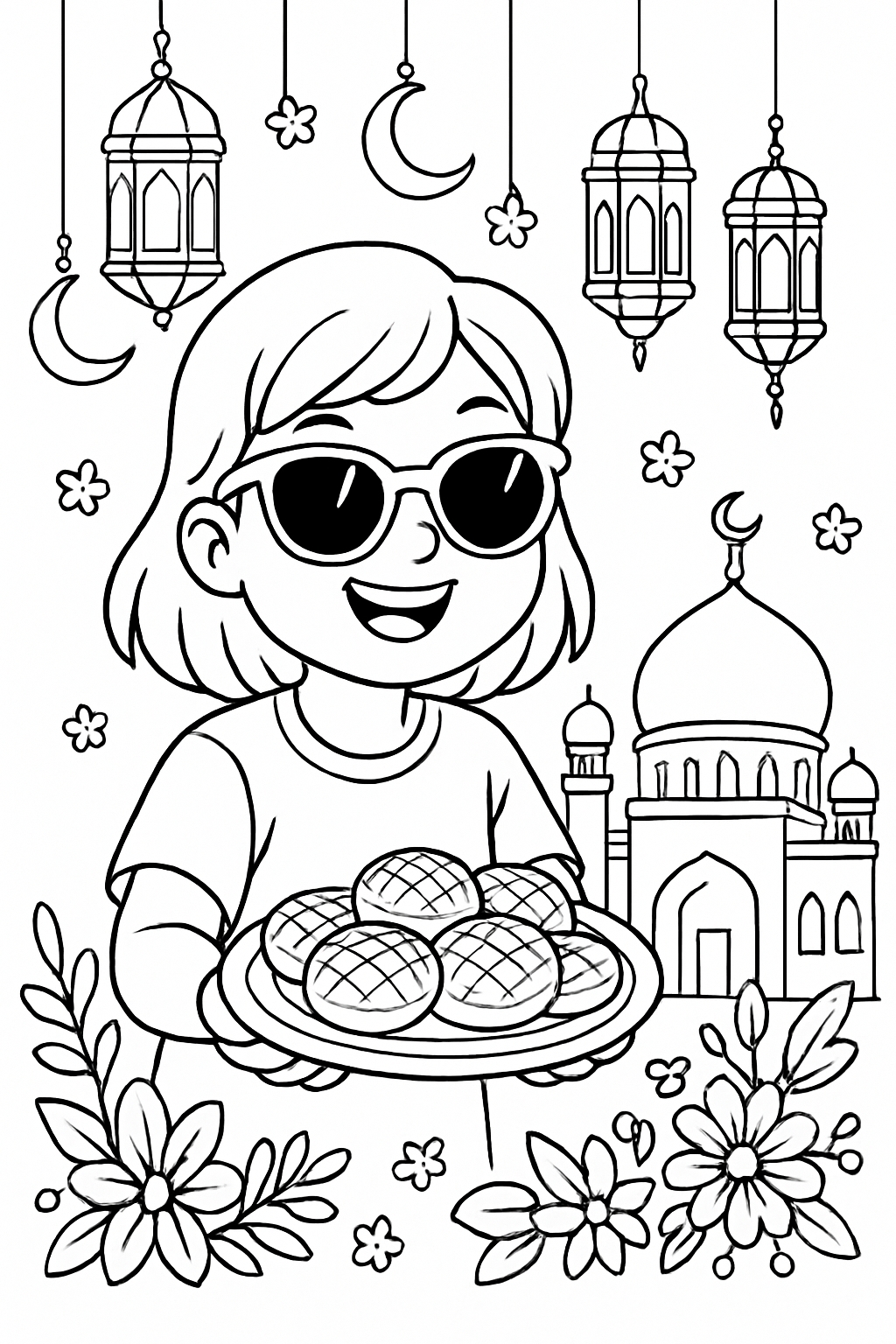 Cheerful Child with Pastries and Lanterns Illustration Coloring Book Pages