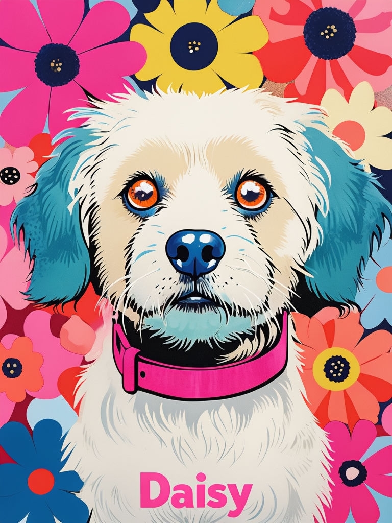 Vibrant Pop Art Dog Daisy with Colorful Flowers Poster
