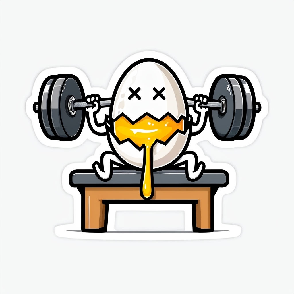 Comical Egg Lifting Weights Cartoon Illustration Sticker