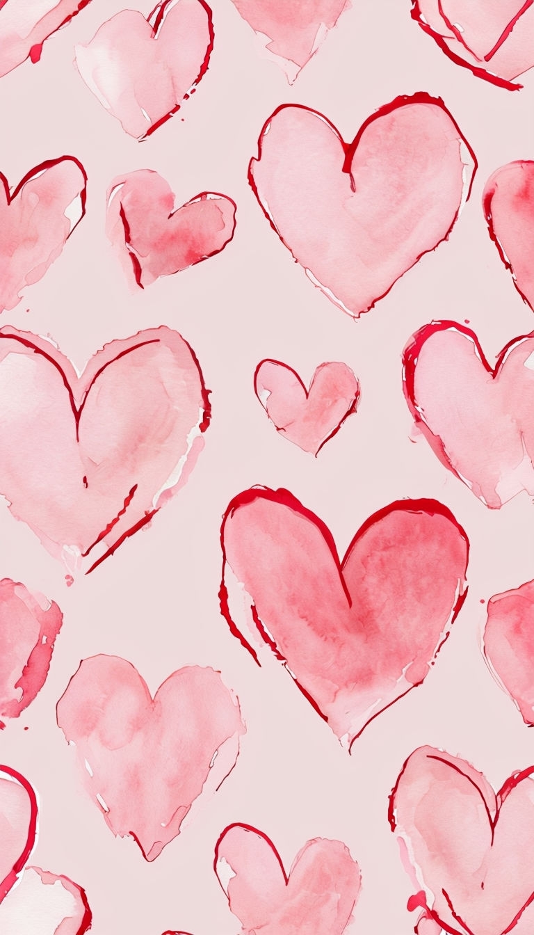 Romantic Watercolor Heart Pattern on Soft Pink Background Mobile Wallpaper