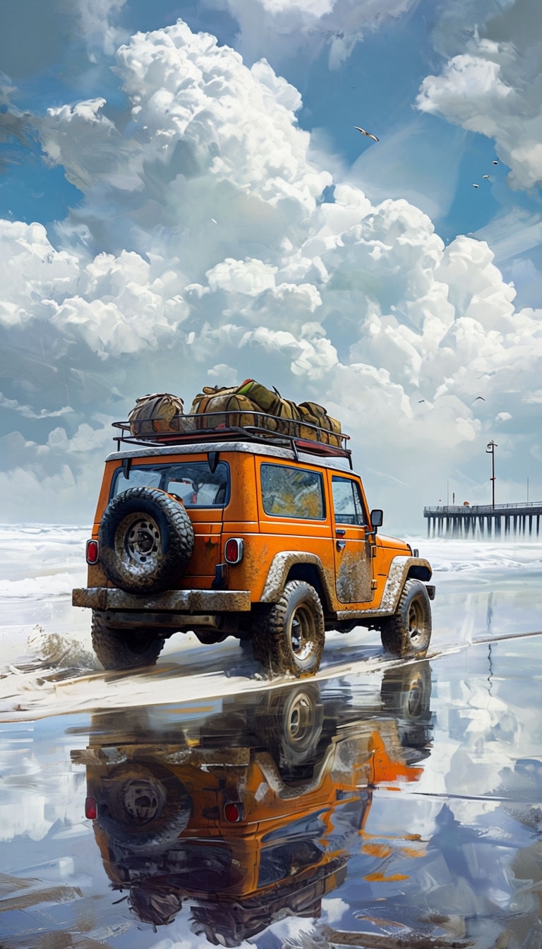 Adventurous Orange Vintage Jeep on Sandy Beach Digital Art Poster