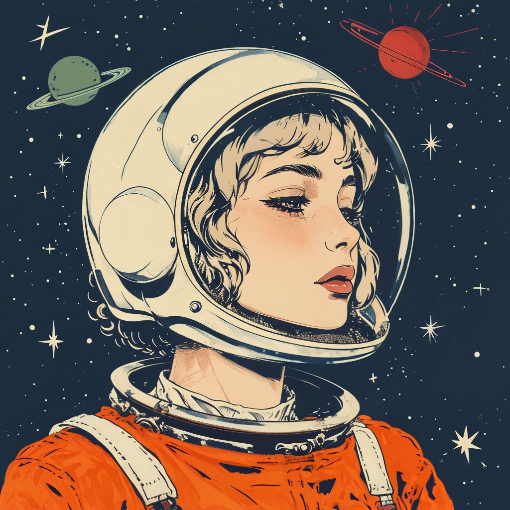 Vintage Anime Female Astronaut in Orange Spacesuit Digital Art