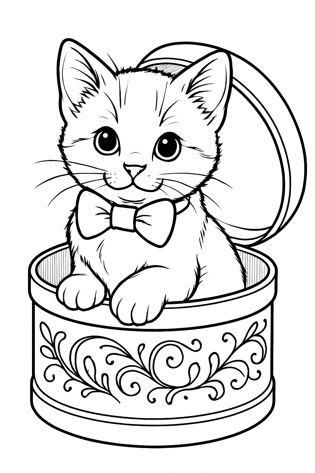 Adorable Kitten in Decorative Hat Box Line Drawing Coloring Book Pages