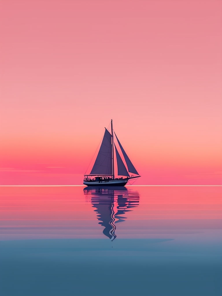 Serene Sailing Ship at Sunrise or Sunset Minimalist Art Poster