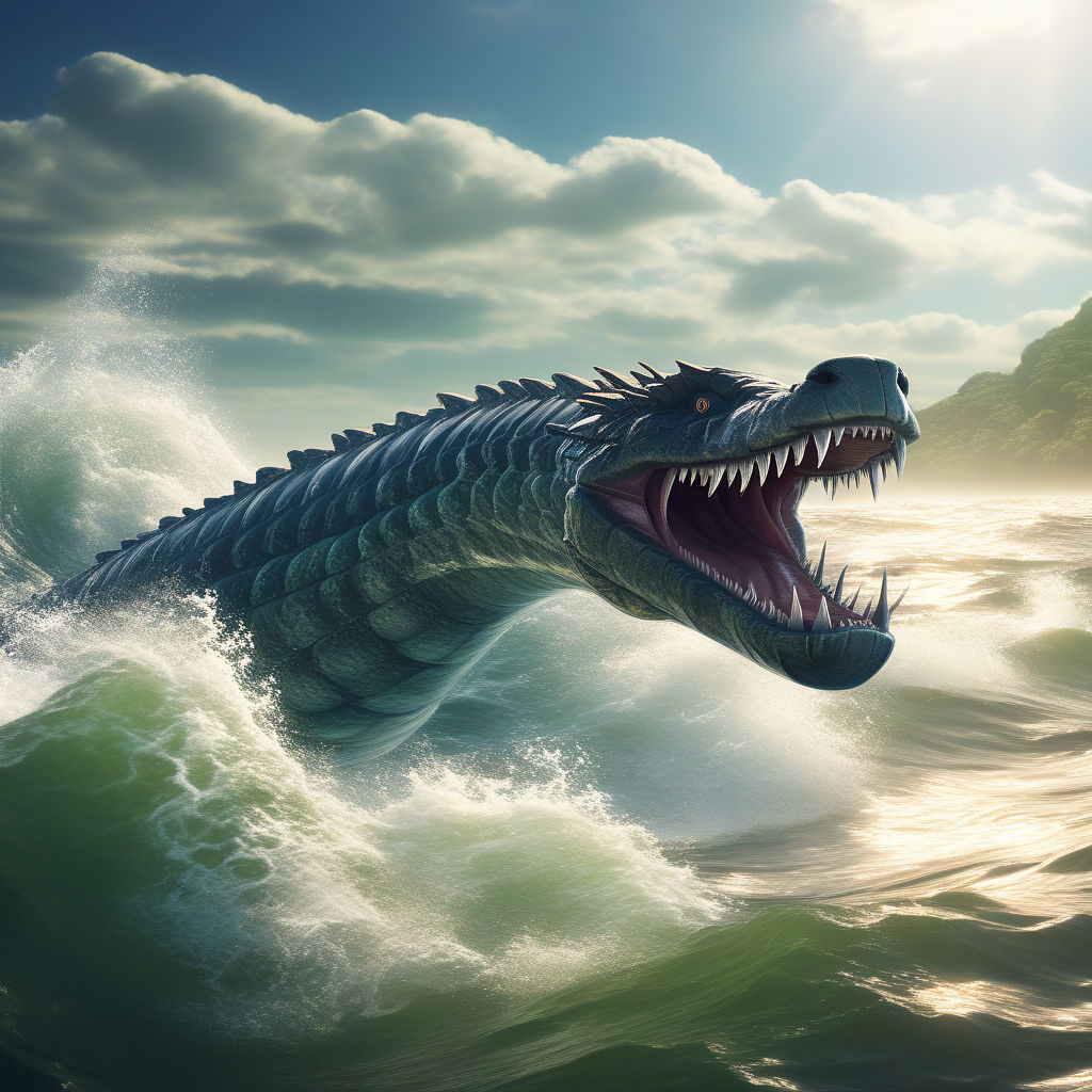 A colossal sea serpent swimming in the ocean swims away with... by ...