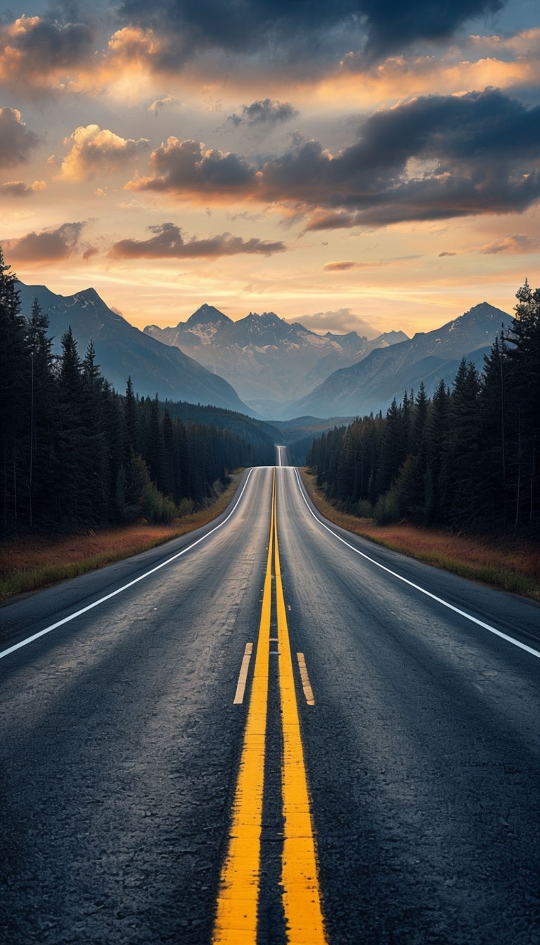 Endless Asphalt Road Surrounded by Forest and Mountains Mobile Wallpaper