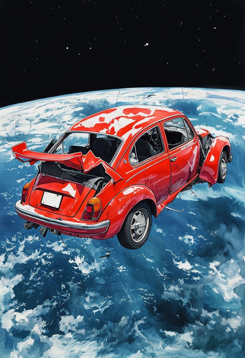 Surreal Red Volkswagen in Space Watercolor T-Shirt