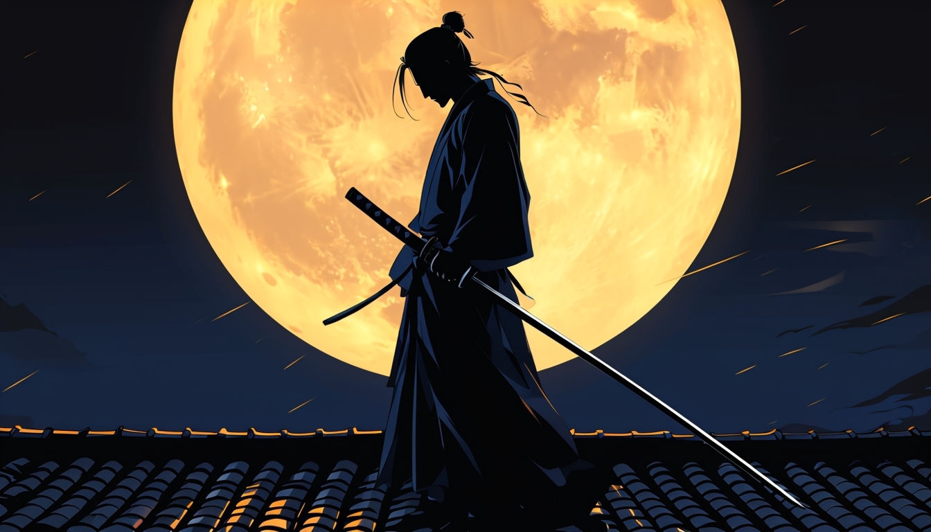 Silhouette Samurai Against Full Moon Digital Illustration Background