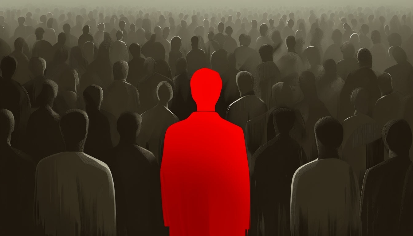 Red Silhouette Among Monochrome Crowd Digital Art Poster