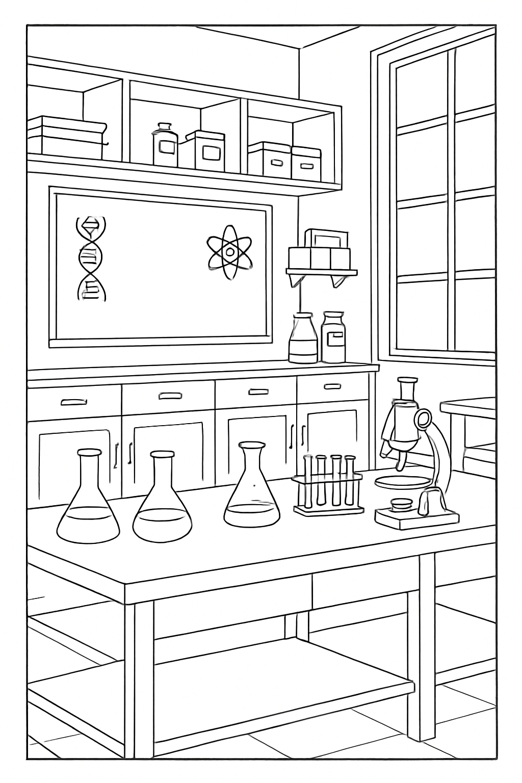 Detailed Black and White Scientific Laboratory Coloring Page