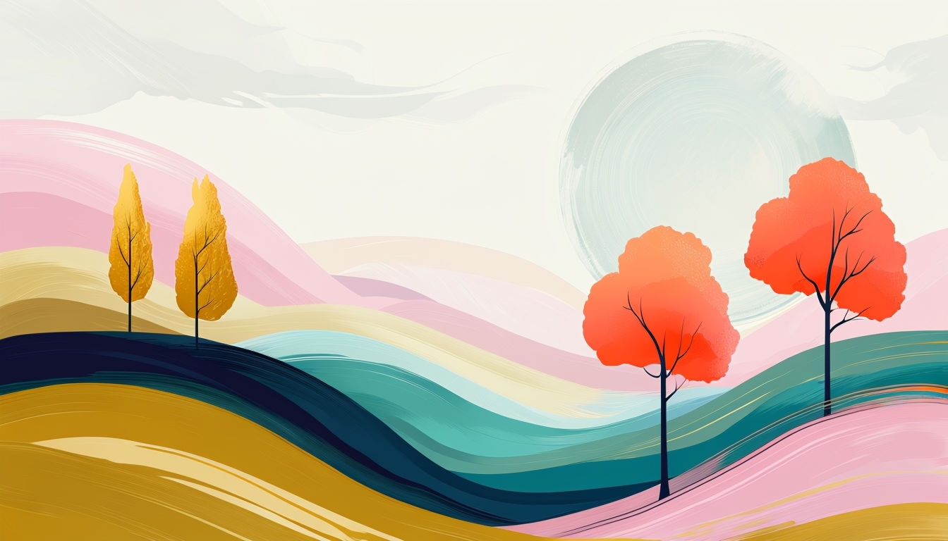 Pastel Abstract Landscape Illustration with Rolling Hills Background