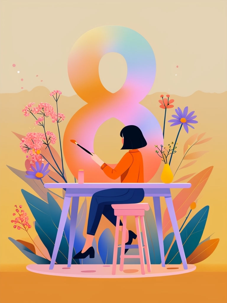 Serene Woman Painting the Number 8 in Minimalist Style Art