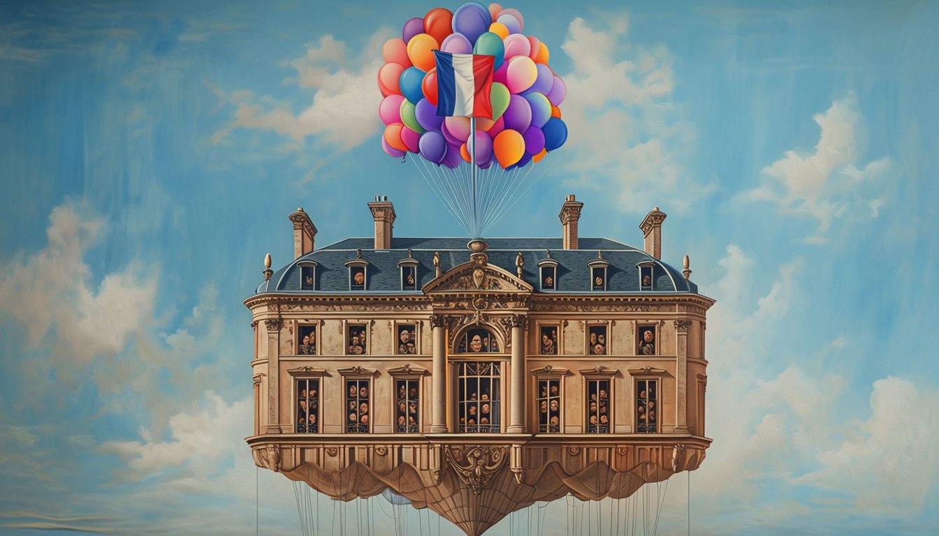 Surrealistic Floating Palace with Colorful Balloons Background