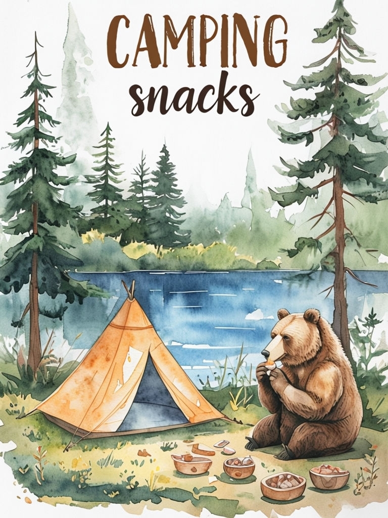 Camping Snacks Bear by the Lake Watercolor Illustration Sign