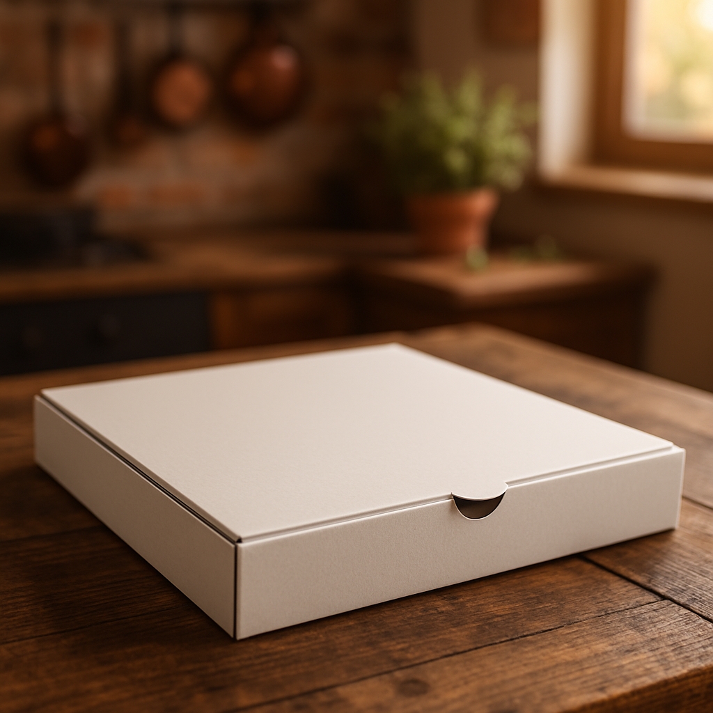 Rustic Cardboard Pizza Box on Wooden Table Mockup