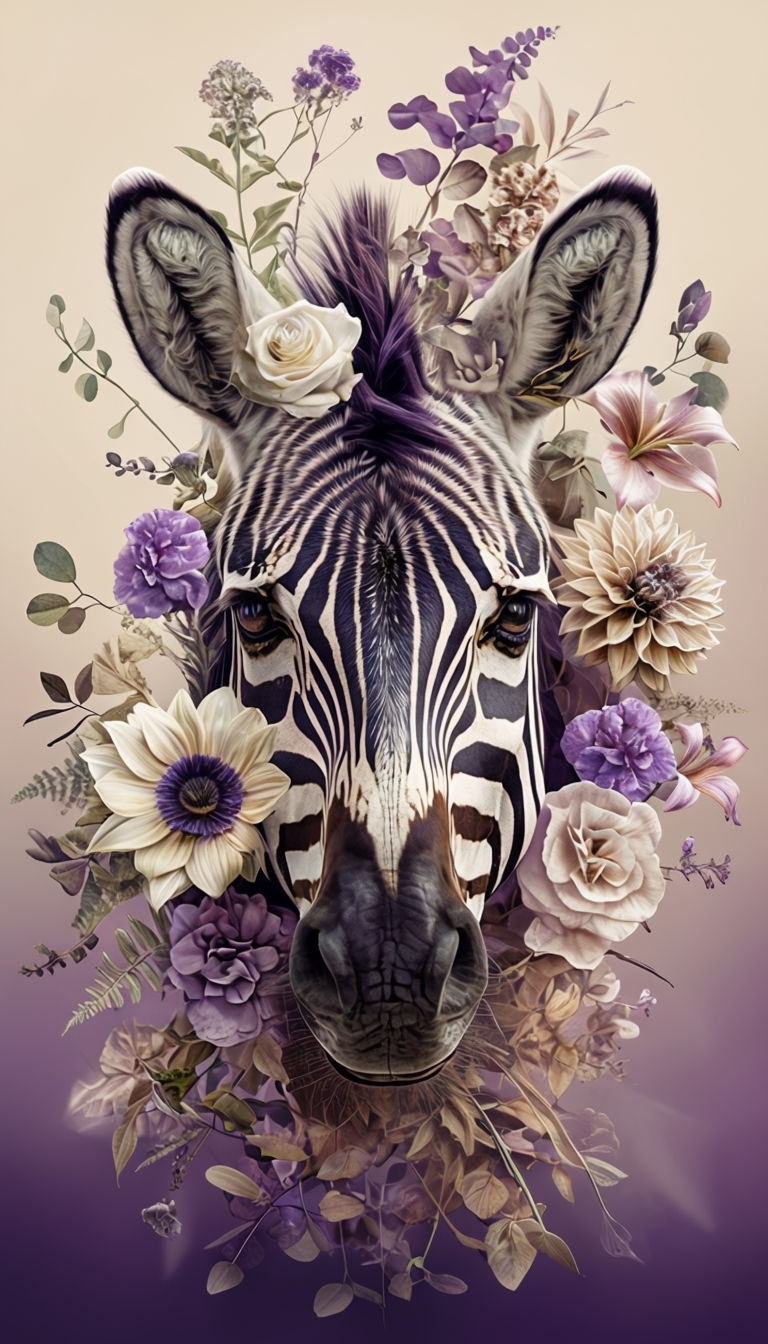 Surreal Zebra Head Surrounded by Flowers Art Print