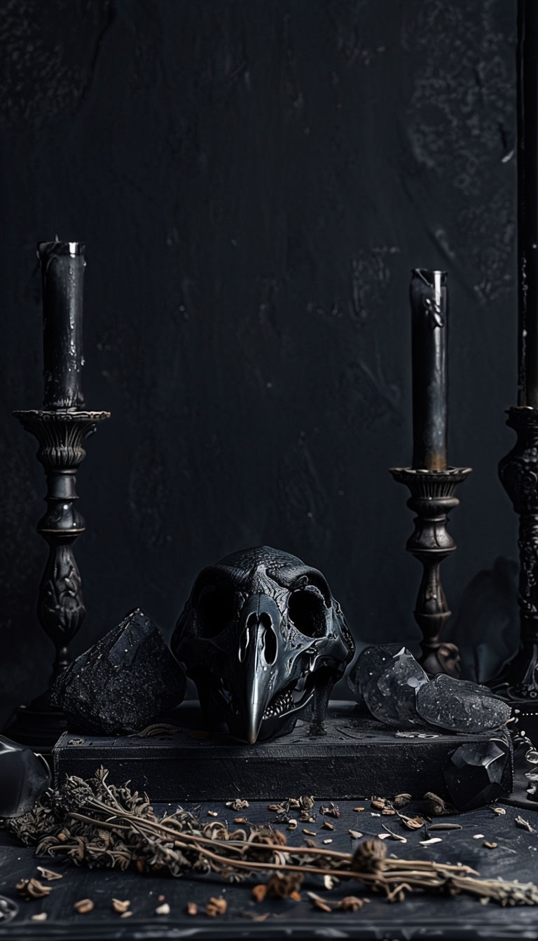 Moody Gothic Minimalist Altar with Raven Skull Mobile Wallpaper