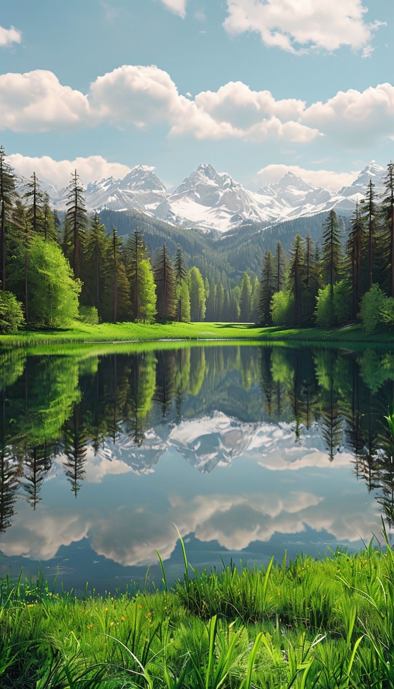 Tranquil Lake Surrounded by Coniferous Forest and Mountains Mobile Wallpaper