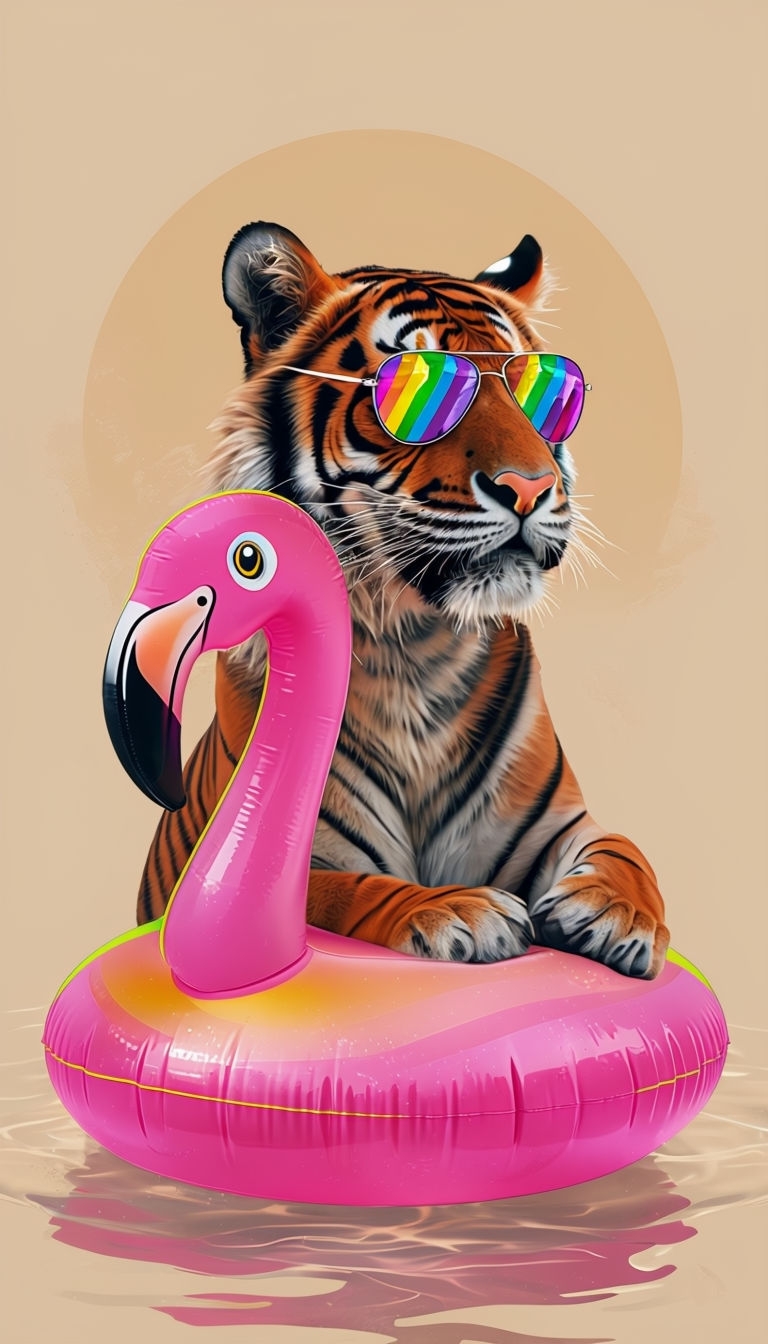 Playful Tiger on Flamingo Float Cartoon Phone Case Cover