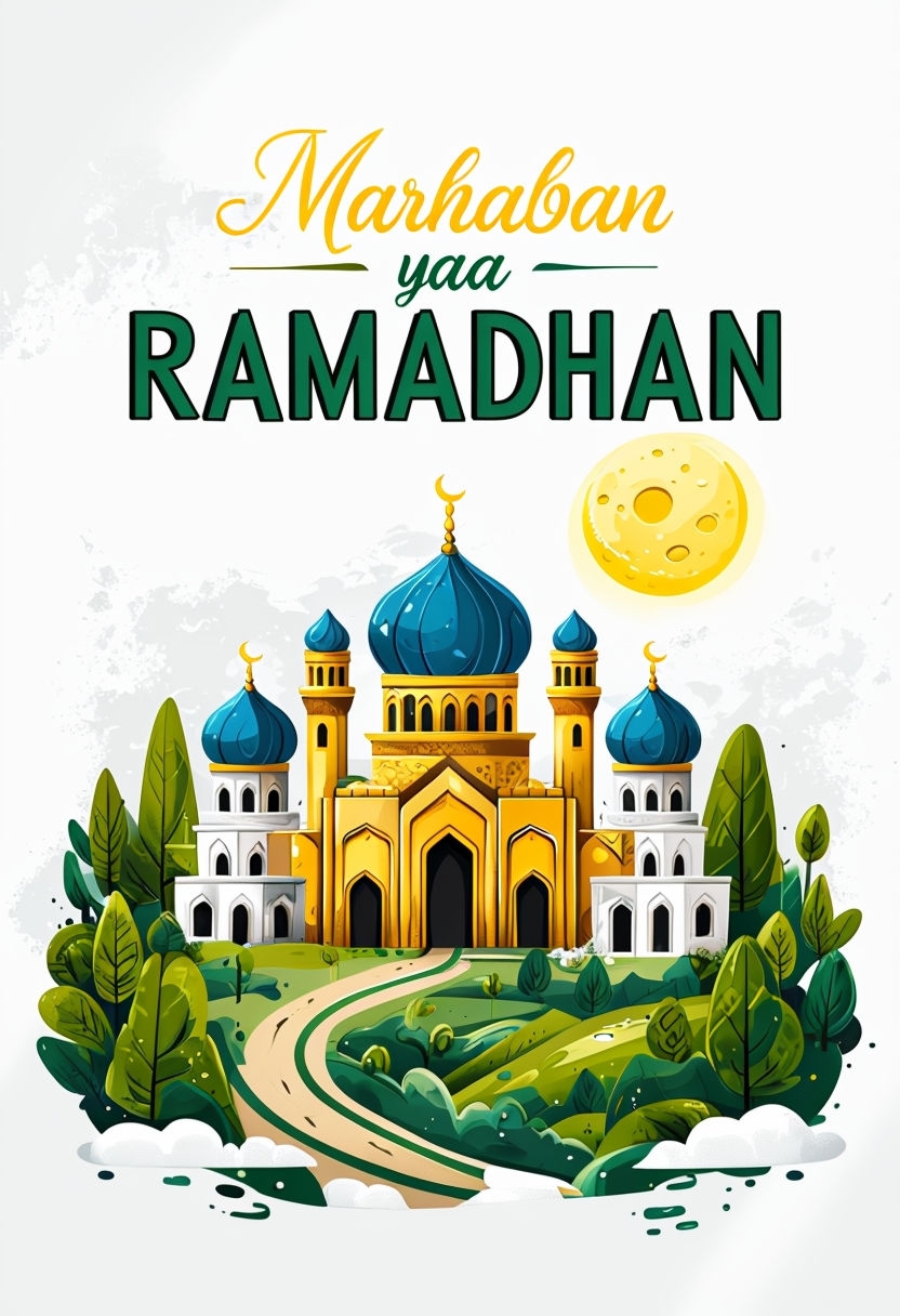 Festive Cartoon Ramadan Celebration with Mosque and Moon Poster