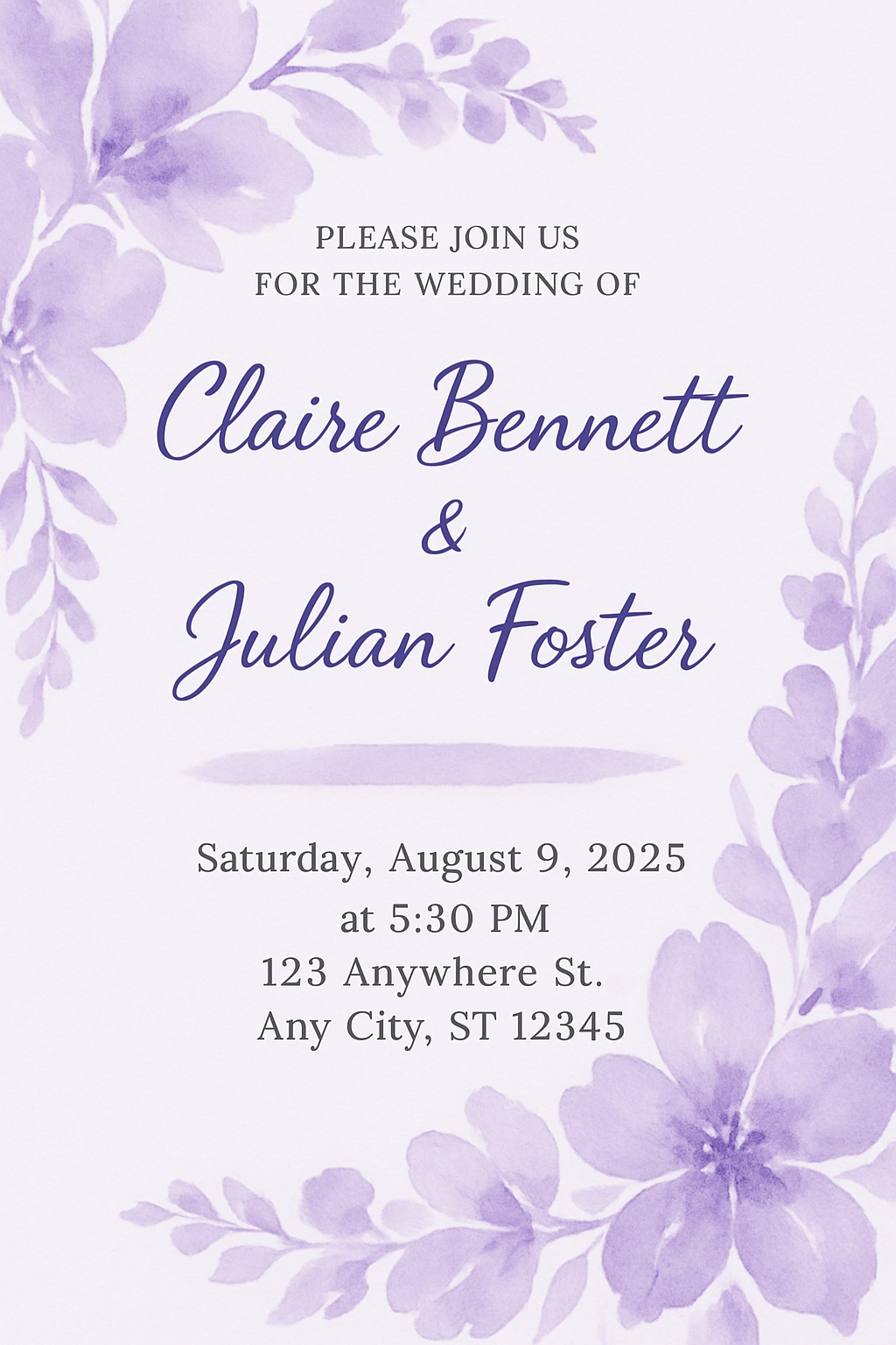 Elegant Lavender Floral Wedding Invitation Card Design