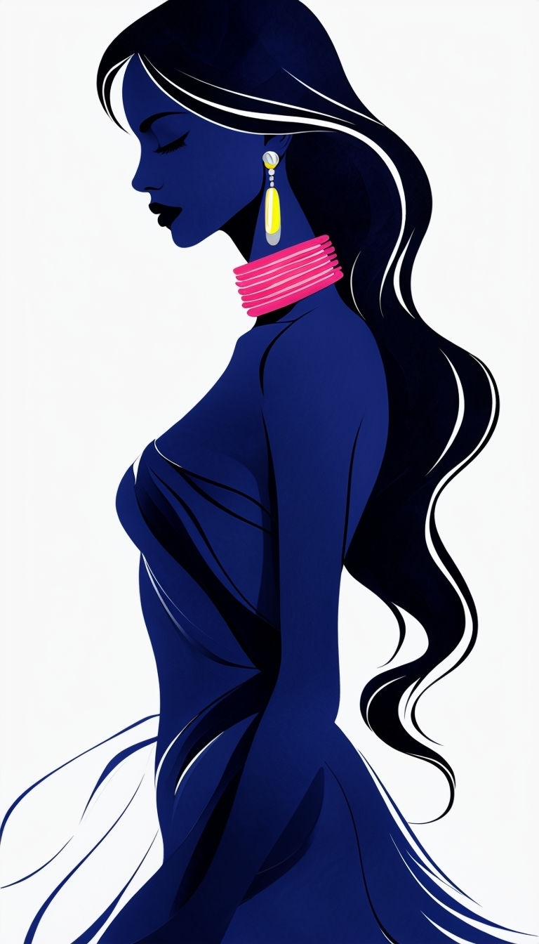Elegant Deep Indigo Female Silhouette Graphic Art