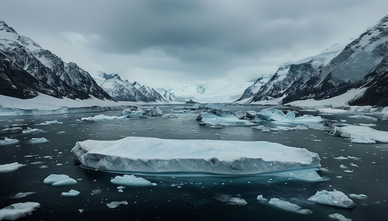 Serene Icy Landscape with Snow-Covered Mountains Background