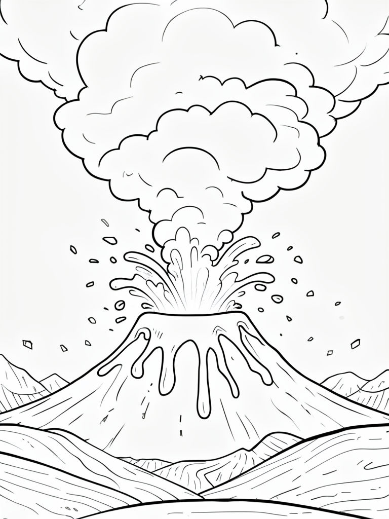 Intense Cartoon Volcanic Eruption Line Drawing Coloring Book Pages