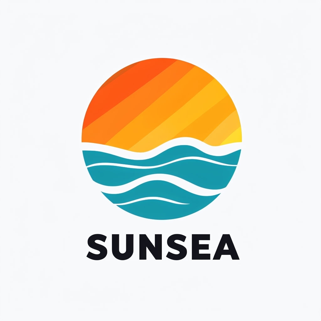 Modern Circular Sunset and Waves SUNSEA Logo