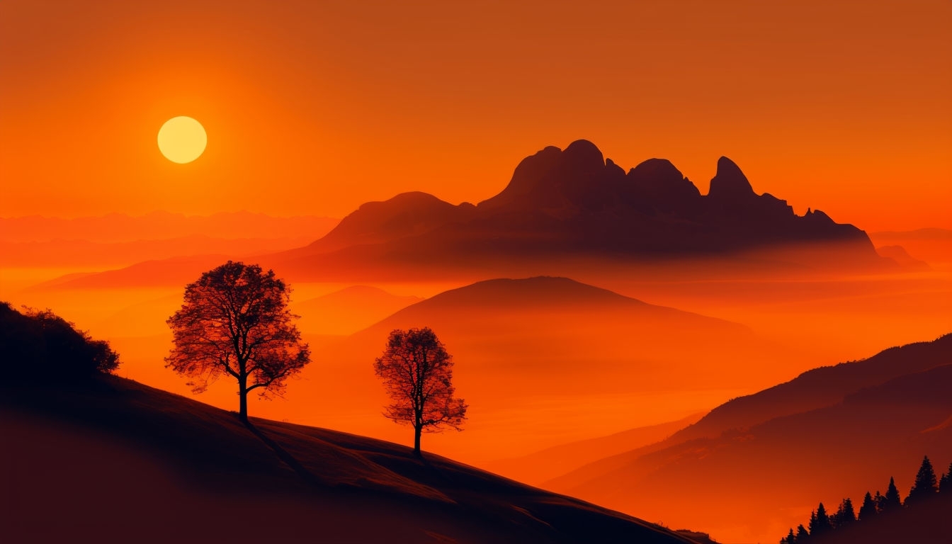 Majestic Sunset Vista with Mountain Silhouettes Background