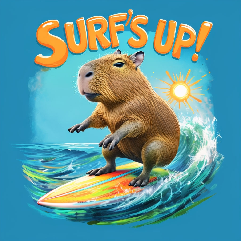 Joyful Capybara Surfing with Surf's Up Text T-Shirt