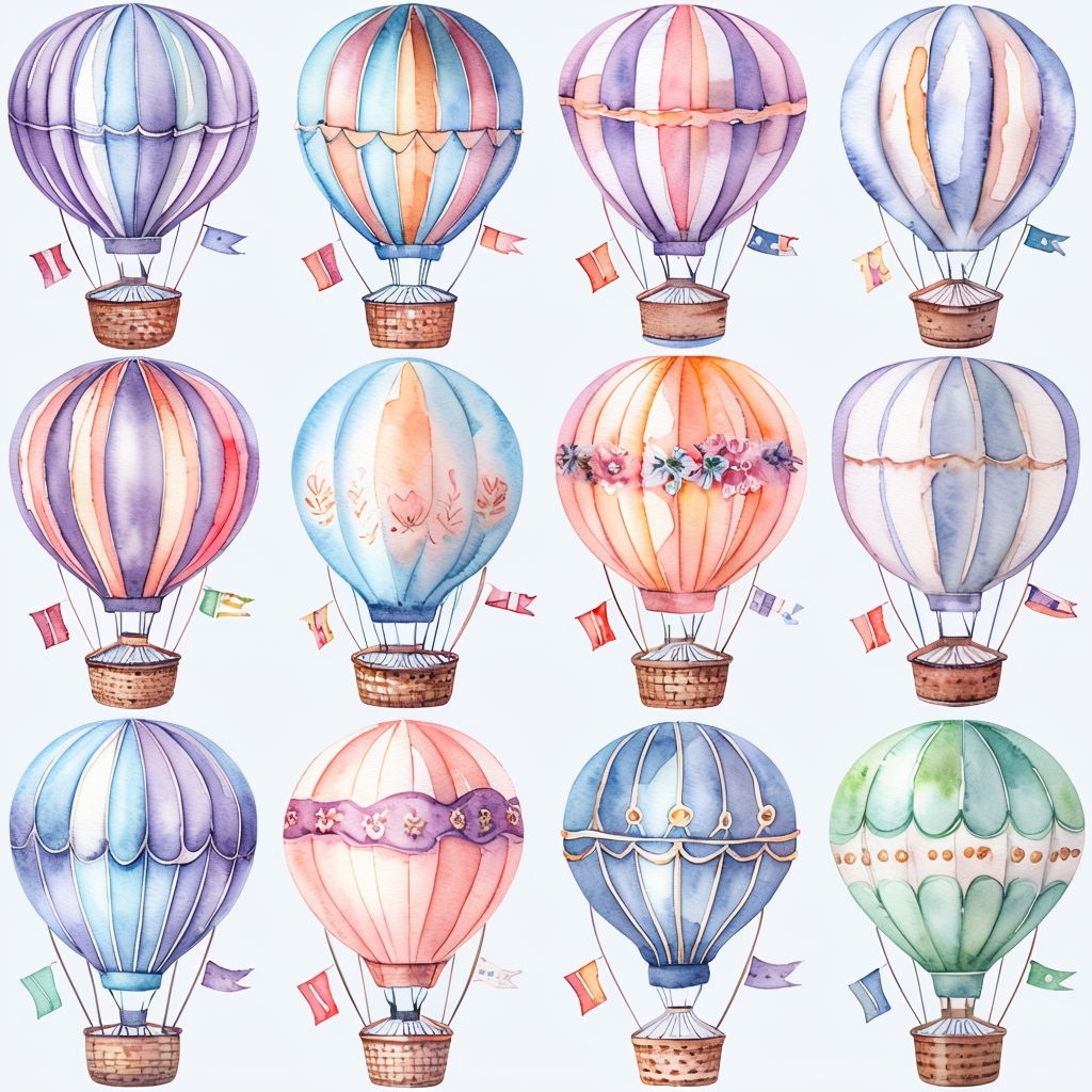 Vibrant Watercolor Hot Air Balloons Pattern in Pastel Colors Seamless Pattern